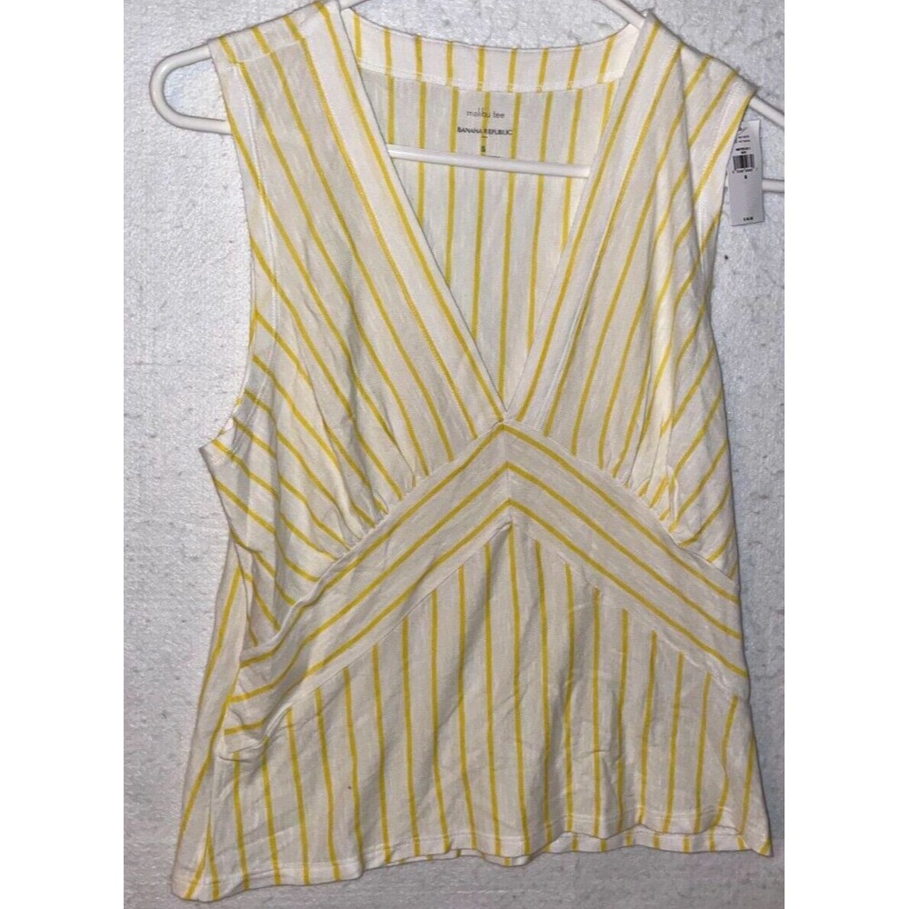 Banana Republic Sleeveless Malibu Tee Women's Sz S white Yellow striped Stretch